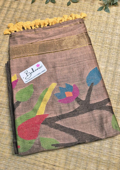Cotton Galleria | Elegant Beige Cotton Acrylic Saree with Paithani Motif