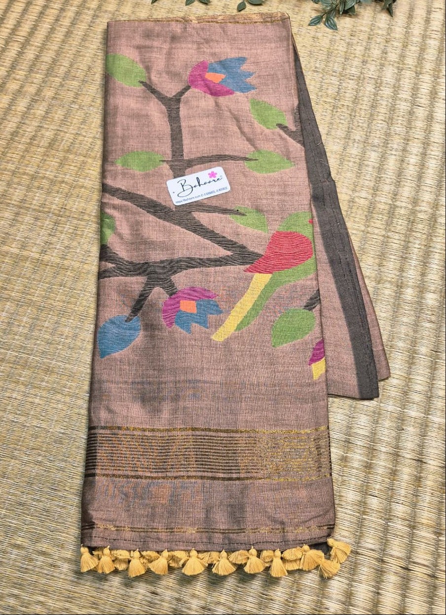 Cotton Galleria | Elegant Beige Cotton Acrylic Saree with Paithani Motif