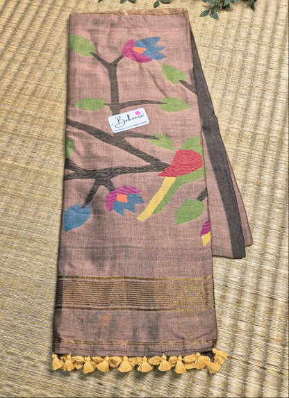 Cotton Galleria | Elegant Beige Cotton Acrylic Saree with Paithani Motif