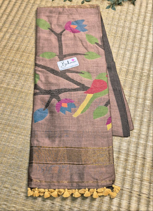 Cotton Galleria | Elegant Beige Cotton Acrylic Saree with Paithani Motif