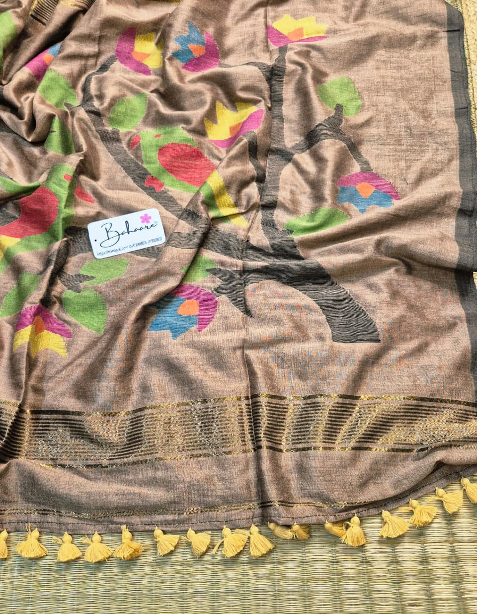 Cotton Galleria | Elegant Beige Cotton Acrylic Saree with Paithani Motif