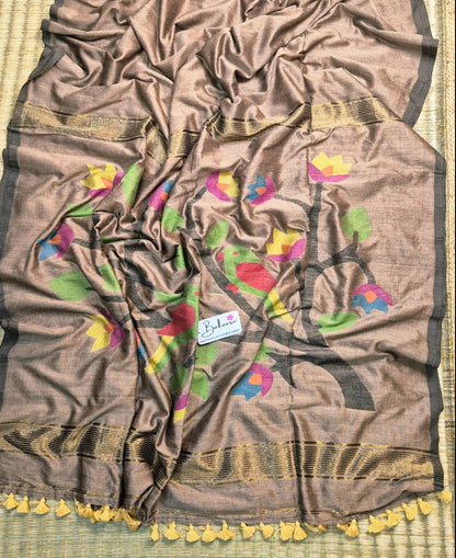 Cotton Galleria | Elegant Beige Cotton Acrylic Saree with Paithani Motif