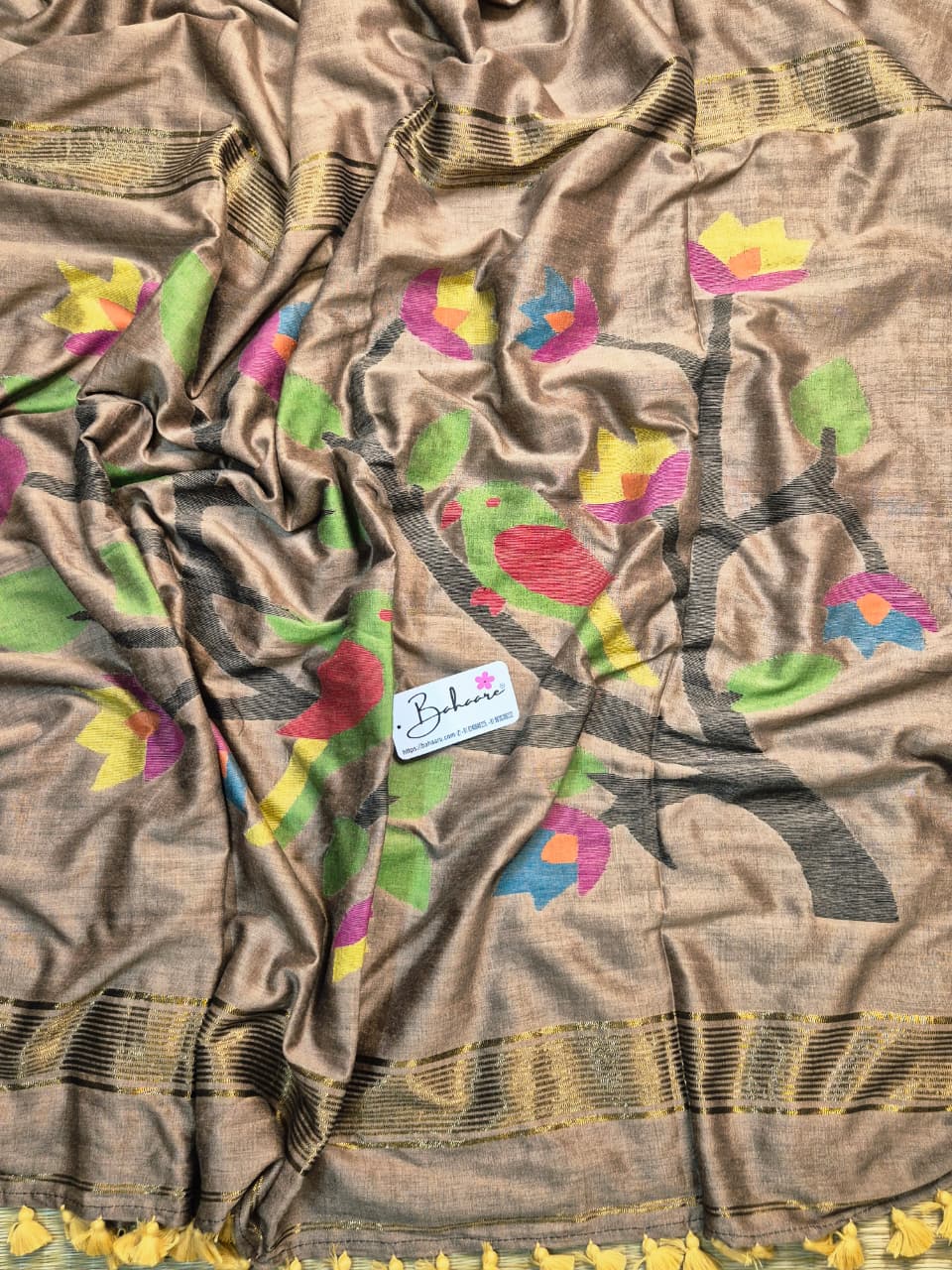 Cotton Galleria | Elegant Beige Cotton Acrylic Saree with Paithani Motif