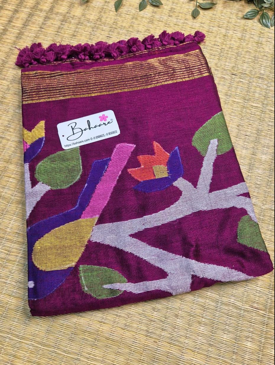 Cotton Galleria | Rich Magenta Cotton Acrylic Saree with Paithani Motif
