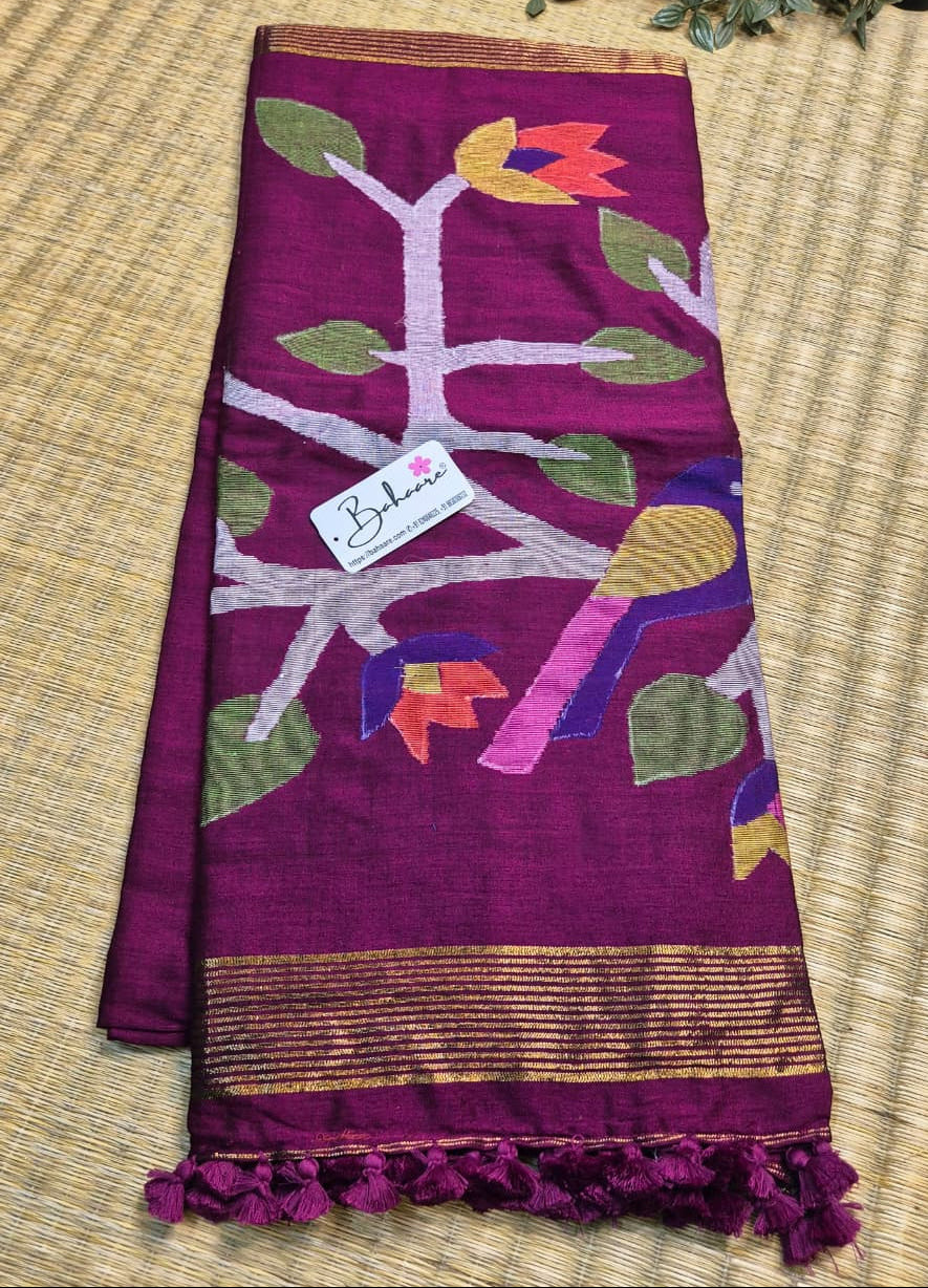 Cotton Galleria | Rich Magenta Cotton Acrylic Saree with Paithani Motif