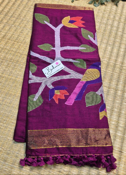 Cotton Galleria | Rich Magenta Cotton Acrylic Saree with Paithani Motif