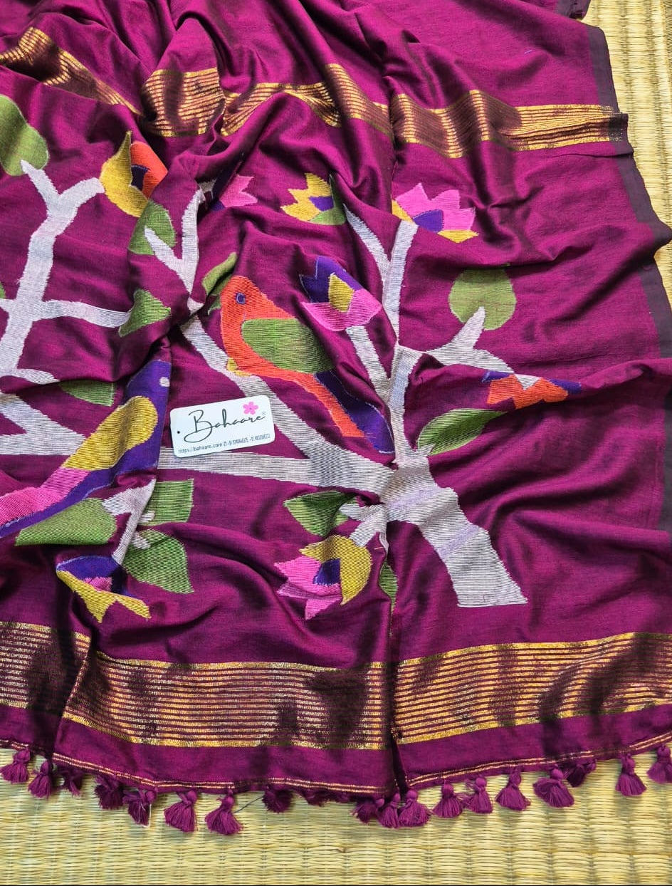 Cotton Galleria | Rich Magenta Cotton Acrylic Saree with Paithani Motif