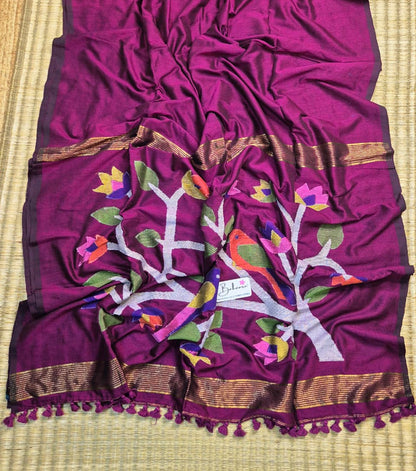 Cotton Galleria | Rich Magenta Cotton Acrylic Saree with Paithani Motif