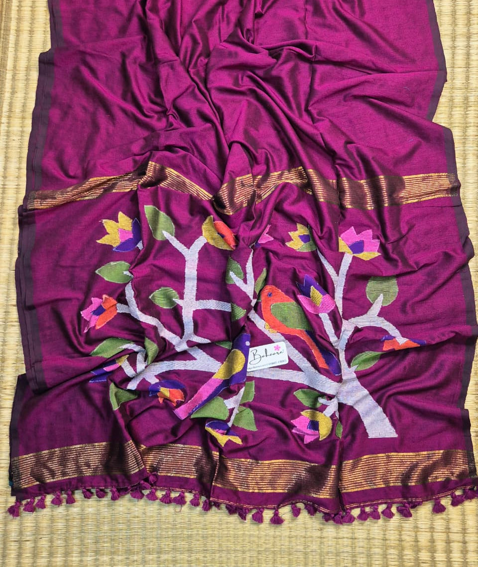 Cotton Galleria | Rich Magenta Cotton Acrylic Saree with Paithani Motif