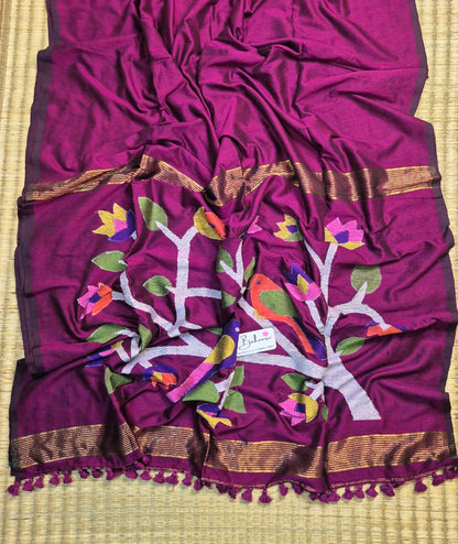 Cotton Galleria | Rich Magenta Cotton Acrylic Saree with Paithani Motif