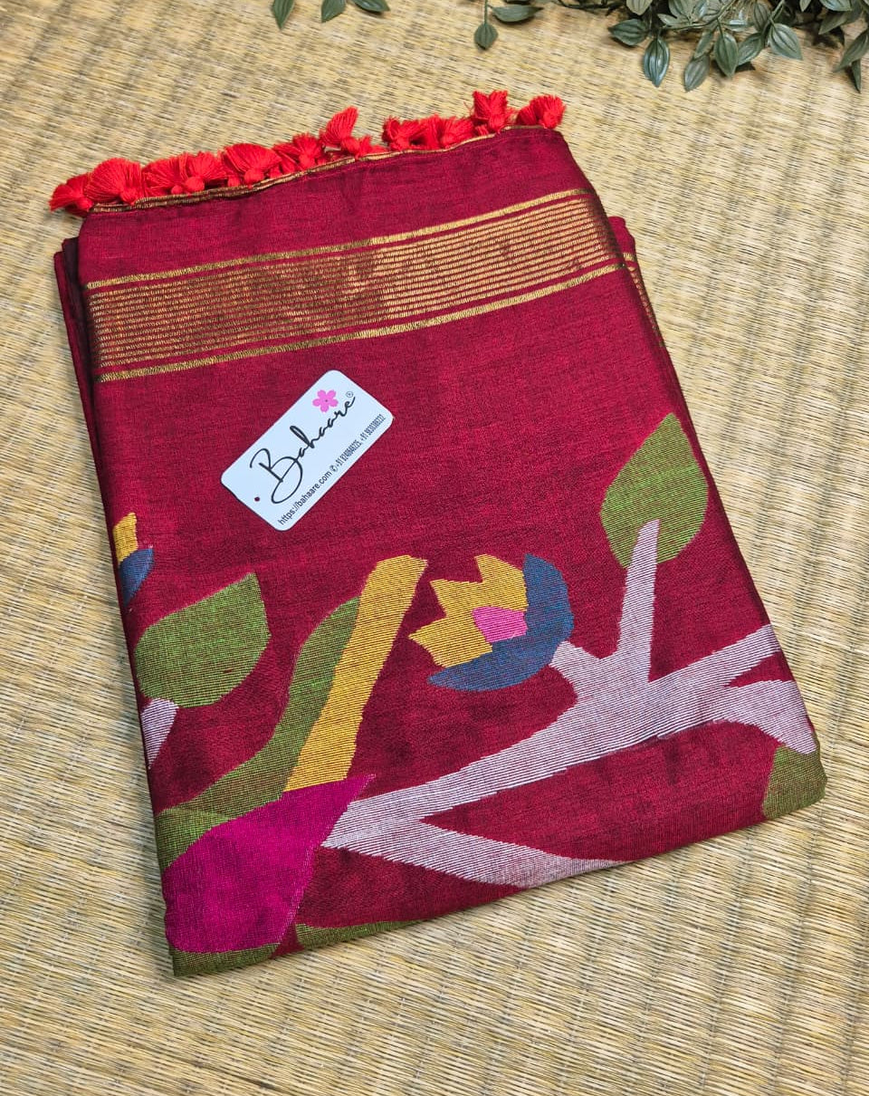 Cotton Galleria | Rich Maroon Cotton Acrylic Saree with Paithani Motif