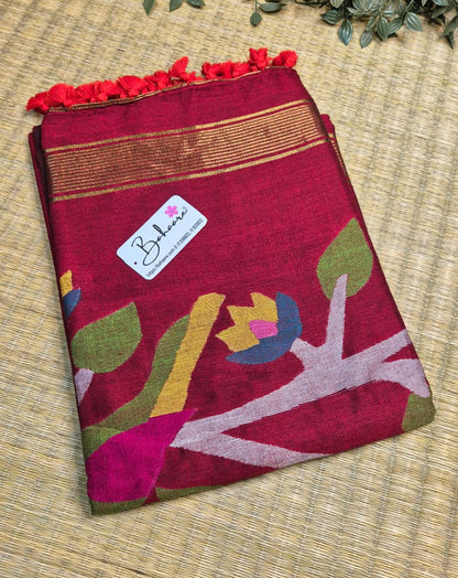 Cotton Galleria | Rich Maroon Cotton Acrylic Saree with Paithani Motif