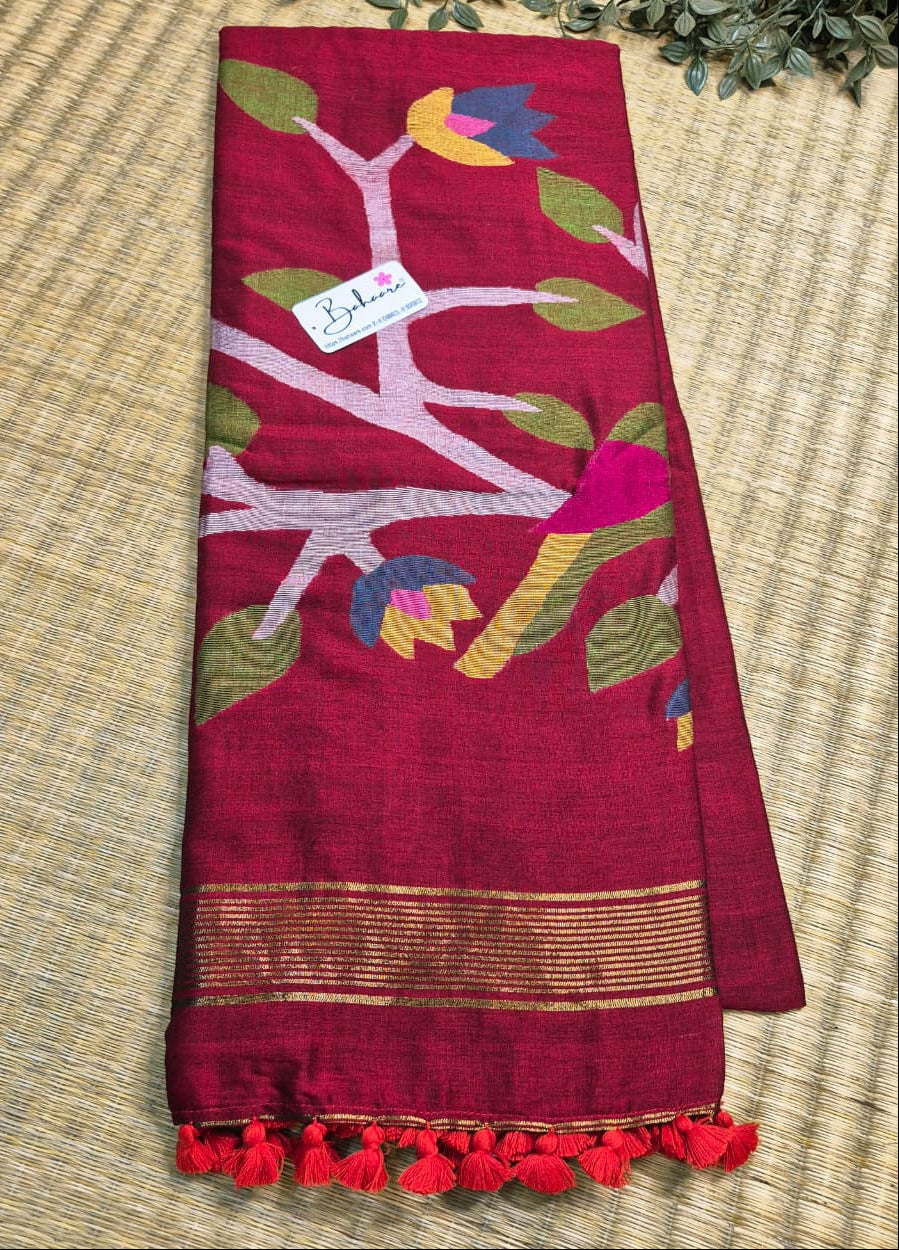 Cotton Galleria | Rich Maroon Cotton Acrylic Saree with Paithani Motif