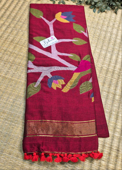 Cotton Galleria | Rich Maroon Cotton Acrylic Saree with Paithani Motif