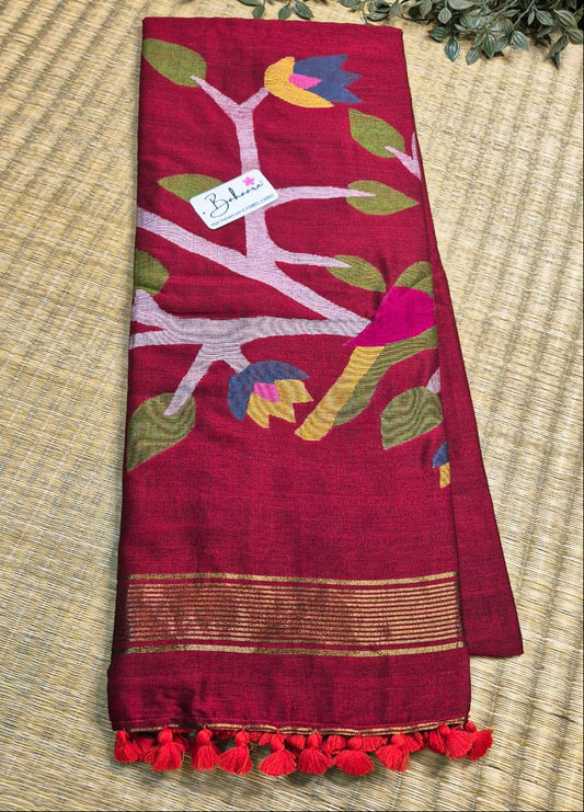 Cotton Galleria | Rich Maroon Cotton Acrylic Saree with Paithani Motif