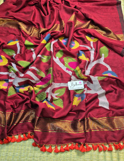 Cotton Galleria | Rich Maroon Cotton Acrylic Saree with Paithani Motif