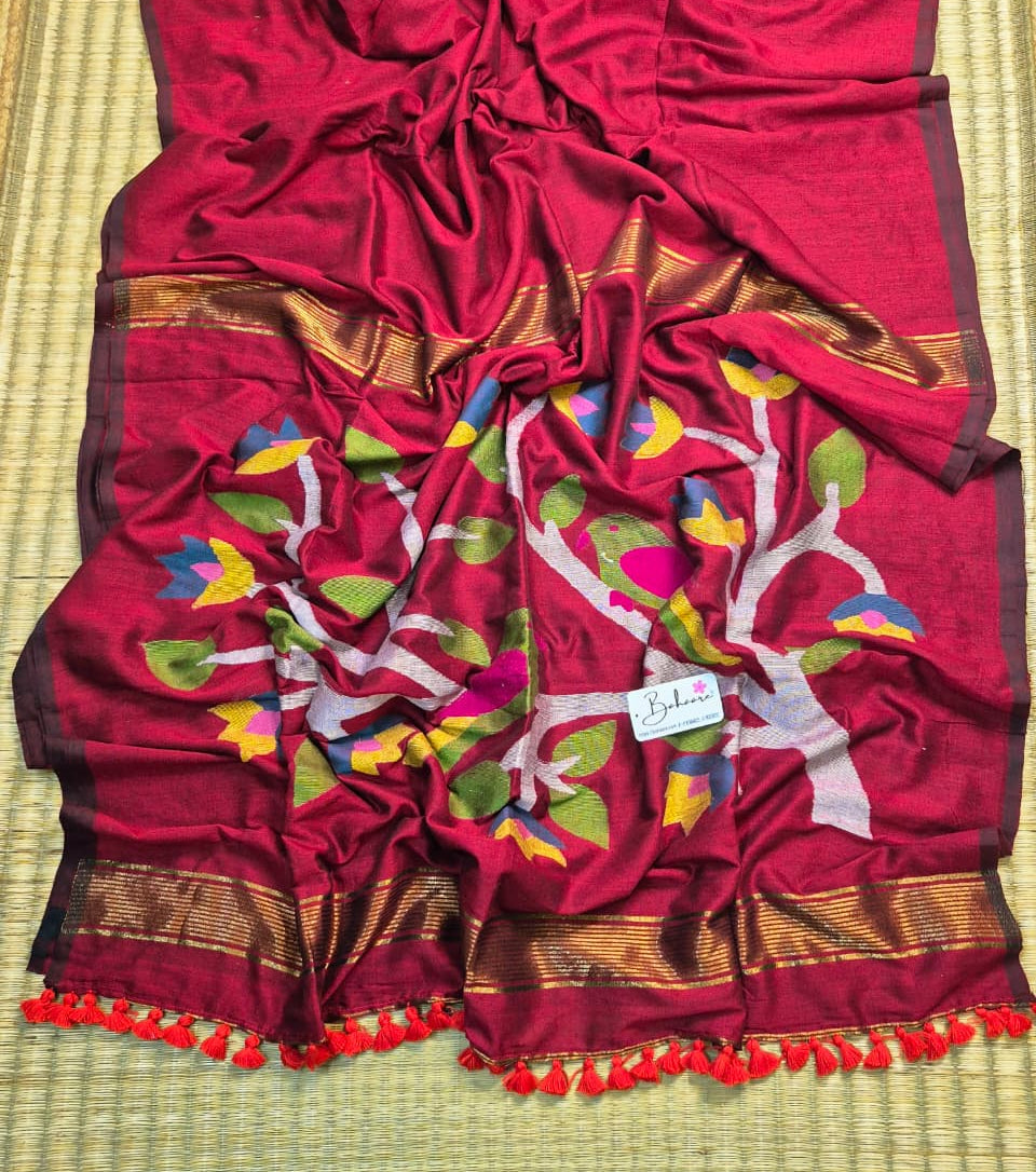 Cotton Galleria | Rich Maroon Cotton Acrylic Saree with Paithani Motif