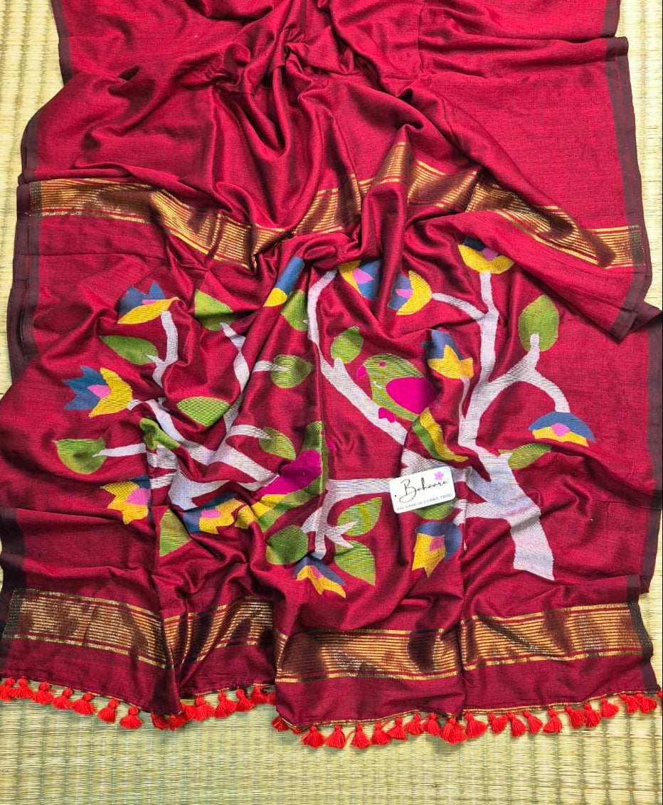 Cotton Galleria | Rich Maroon Cotton Acrylic Saree with Paithani Motif