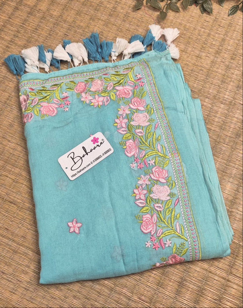 Mohini | Breezy Sky Blue Mul Mul Cotton Saree with Chikankari Embroidery