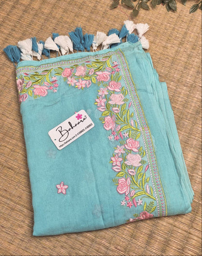 Mohini | Breezy Sky Blue Mul Mul Cotton Saree with Chikankari Embroidery