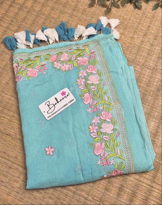 Mohini | Breezy Sky Blue Mul Mul Cotton Saree with Chikankari Embroidery