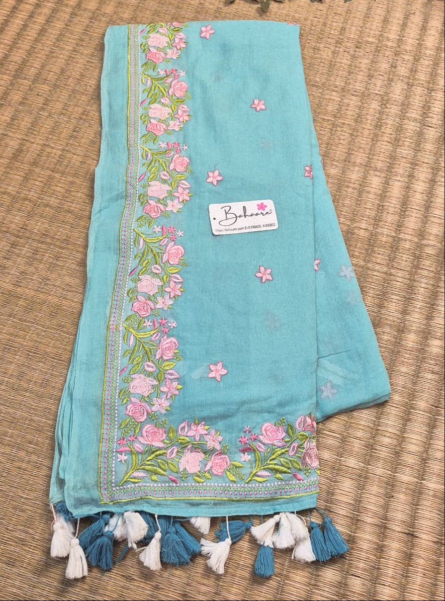 Mohini | Breezy Sky Blue Mul Mul Cotton Saree with Chikankari Embroidery