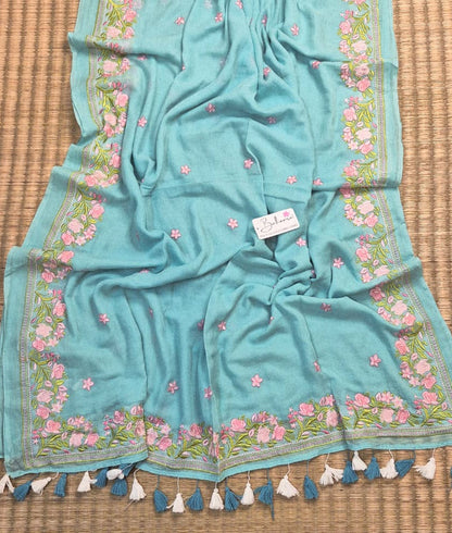 Mohini | Breezy Sky Blue Mul Mul Cotton Saree with Chikankari Embroidery