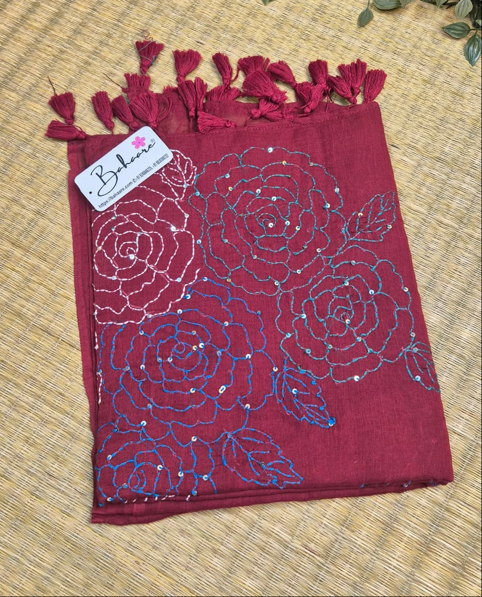 Mohini | Dark Maroon Mul Mul Cotton Saree with Kantha Hand Embroidery