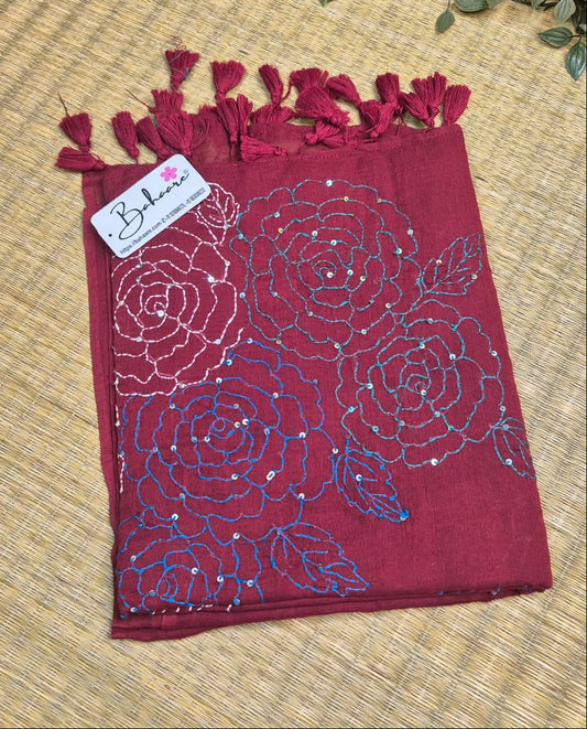 Mohini | Dark Maroon Mul Mul Cotton Saree with Kantha Hand Embroidery