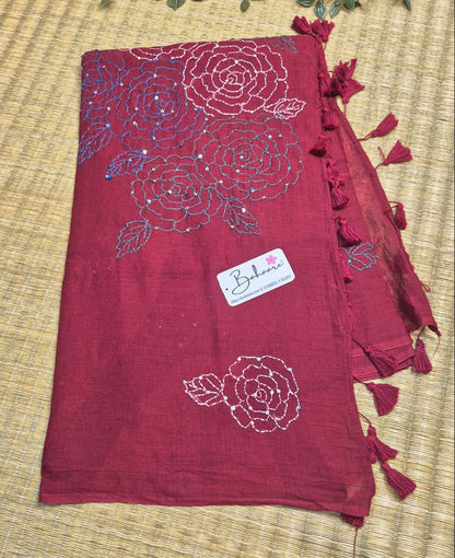 Mohini | Dark Maroon Mul Mul Cotton Saree with Kantha Hand Embroidery