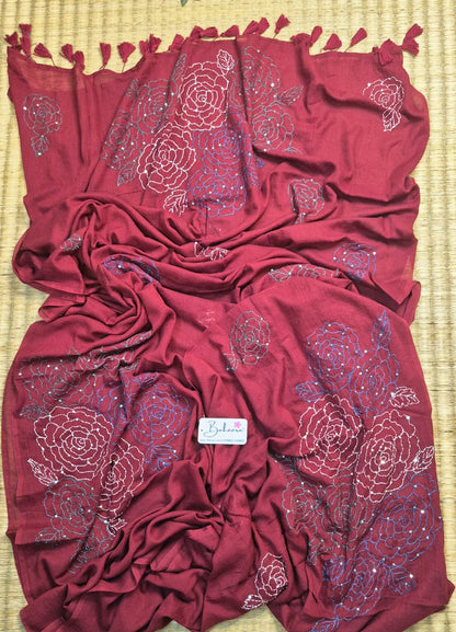 Mohini | Dark Maroon Mul Mul Cotton Saree with Kantha Hand Embroidery
