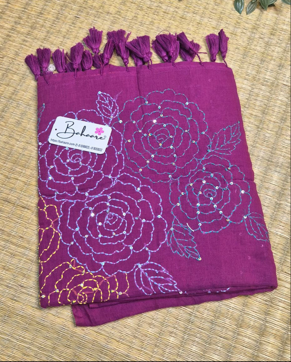 Mohini | Dark Magenta Mul Mul Cotton Saree with Kantha Hand Embroidery