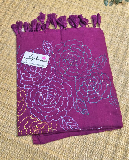Mohini | Dark Magenta Mul Mul Cotton Saree with Kantha Hand Embroidery