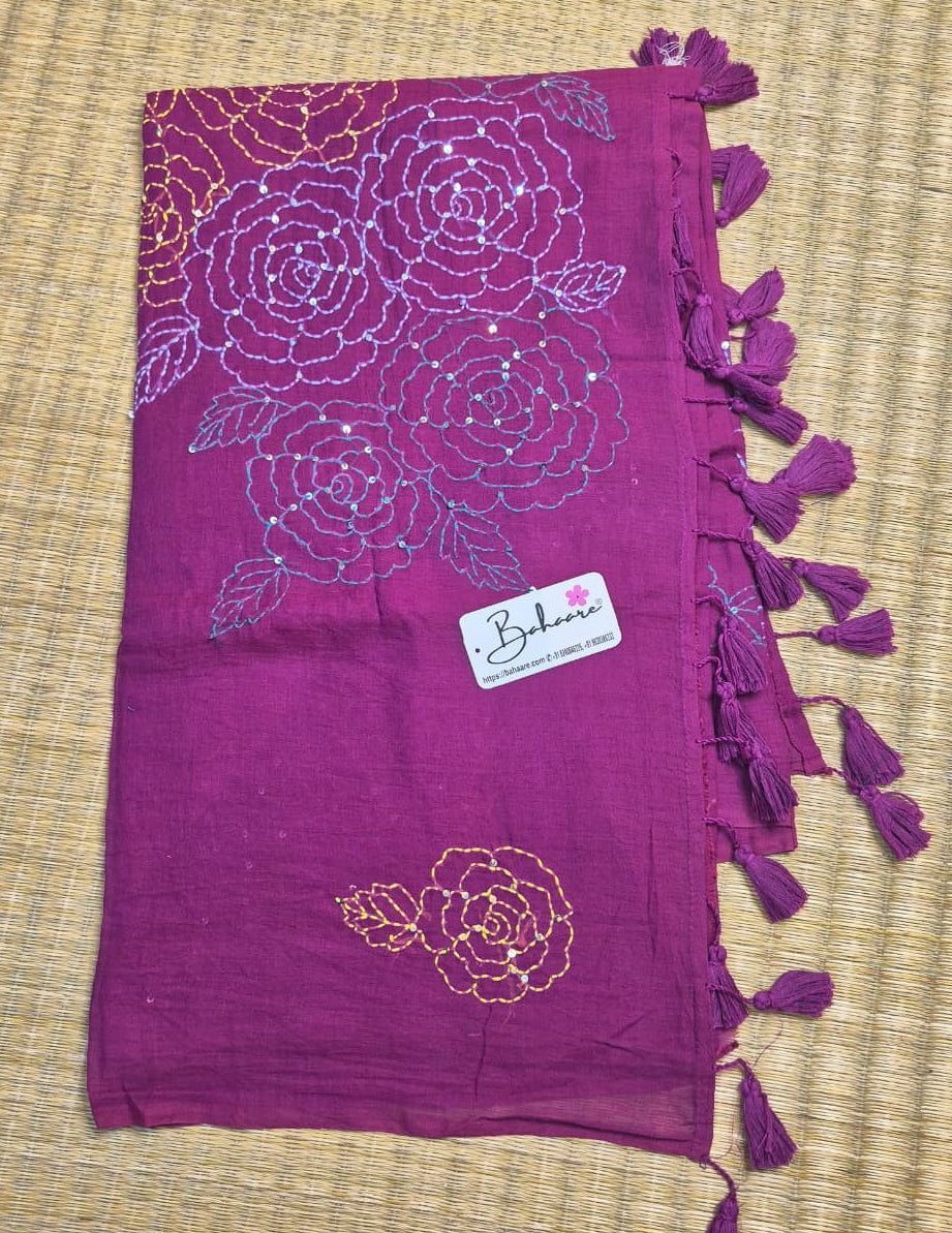 Mohini | Dark Magenta Mul Mul Cotton Saree with Kantha Hand Embroidery