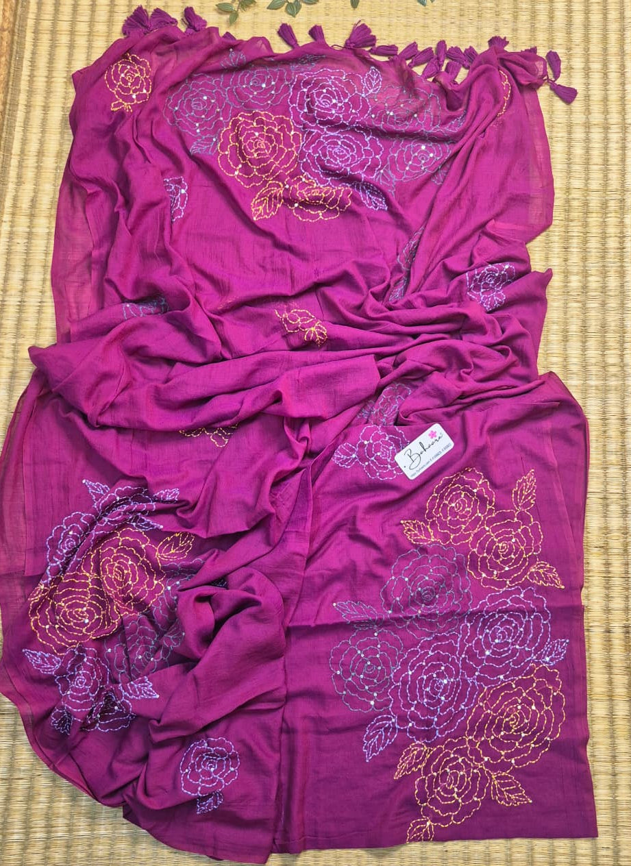 Mohini | Dark Magenta Mul Mul Cotton Saree with Kantha Hand Embroidery