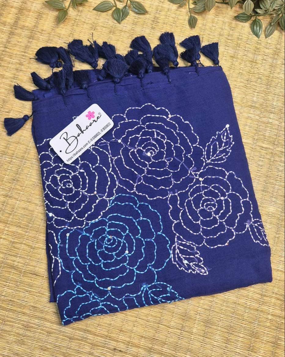 Mohini | Indigo Blue Mul Mul Cotton Saree with Kantha Hand Embroidery
