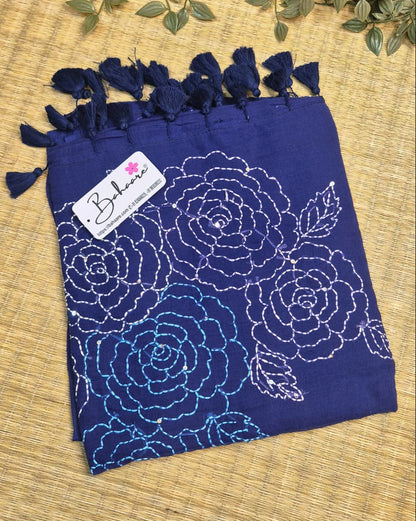 Mohini | Indigo Blue Mul Mul Cotton Saree with Kantha Hand Embroidery