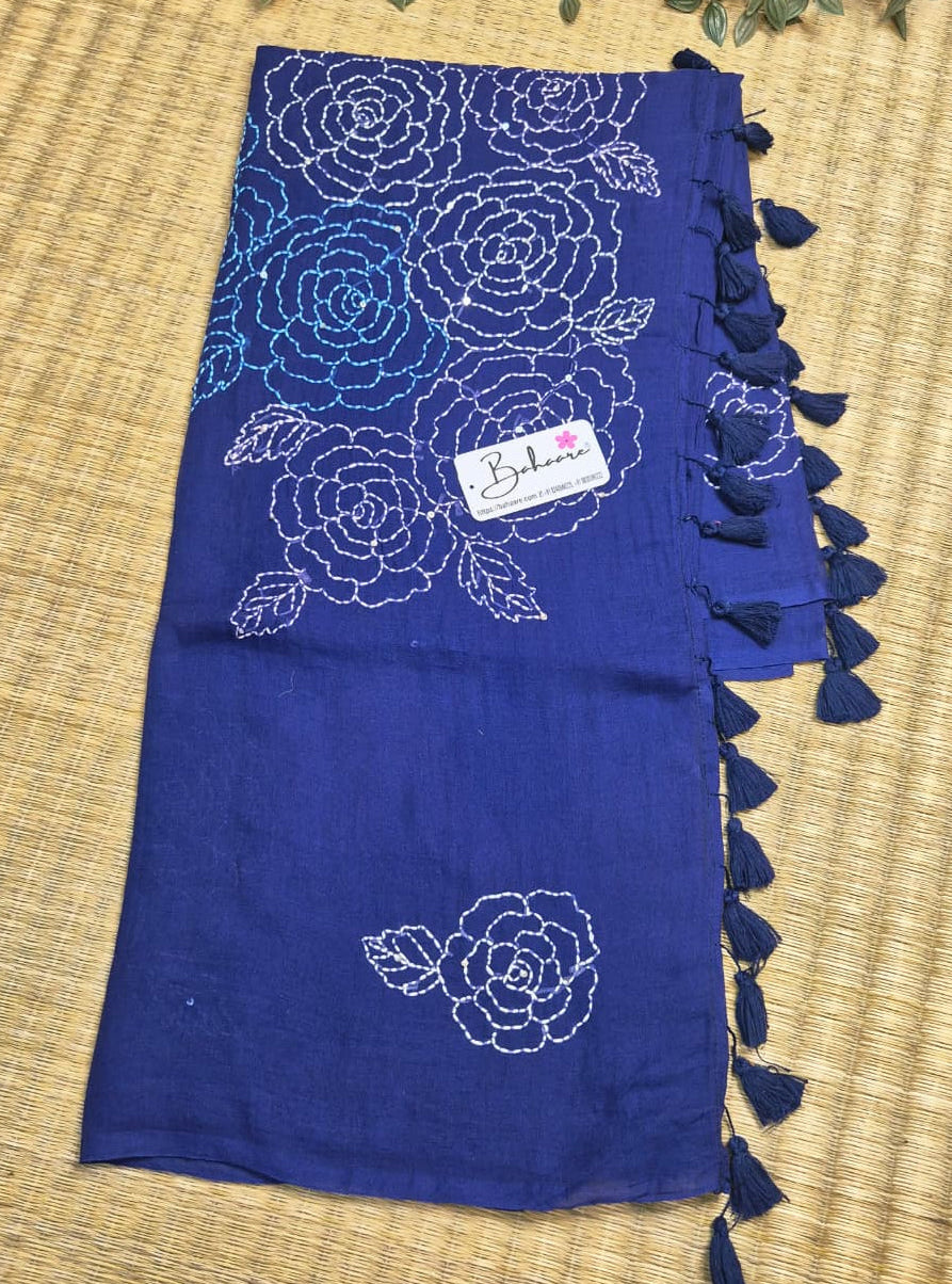 Mohini | Indigo Blue Mul Mul Cotton Saree with Kantha Hand Embroidery