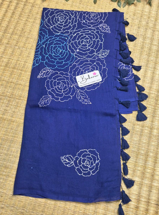 Mohini | Indigo Blue Mul Mul Cotton Saree with Kantha Hand Embroidery