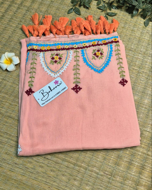 Mohini | Soft Peach Mul Mul Cotton Saree with Handcrafted Bullion Stich