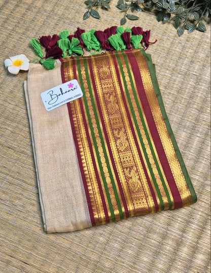 Noor | Dark Beige Mul Mul Cotton Saree with Broad Golden Zari Border