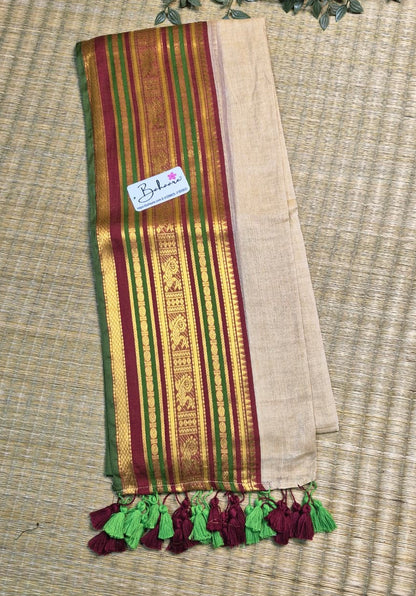 Noor | Dark Beige Mul Mul Cotton Saree with Broad Golden Zari Border