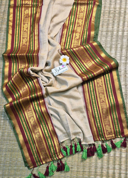 Noor | Dark Beige Mul Mul Cotton Saree with Broad Golden Zari Border