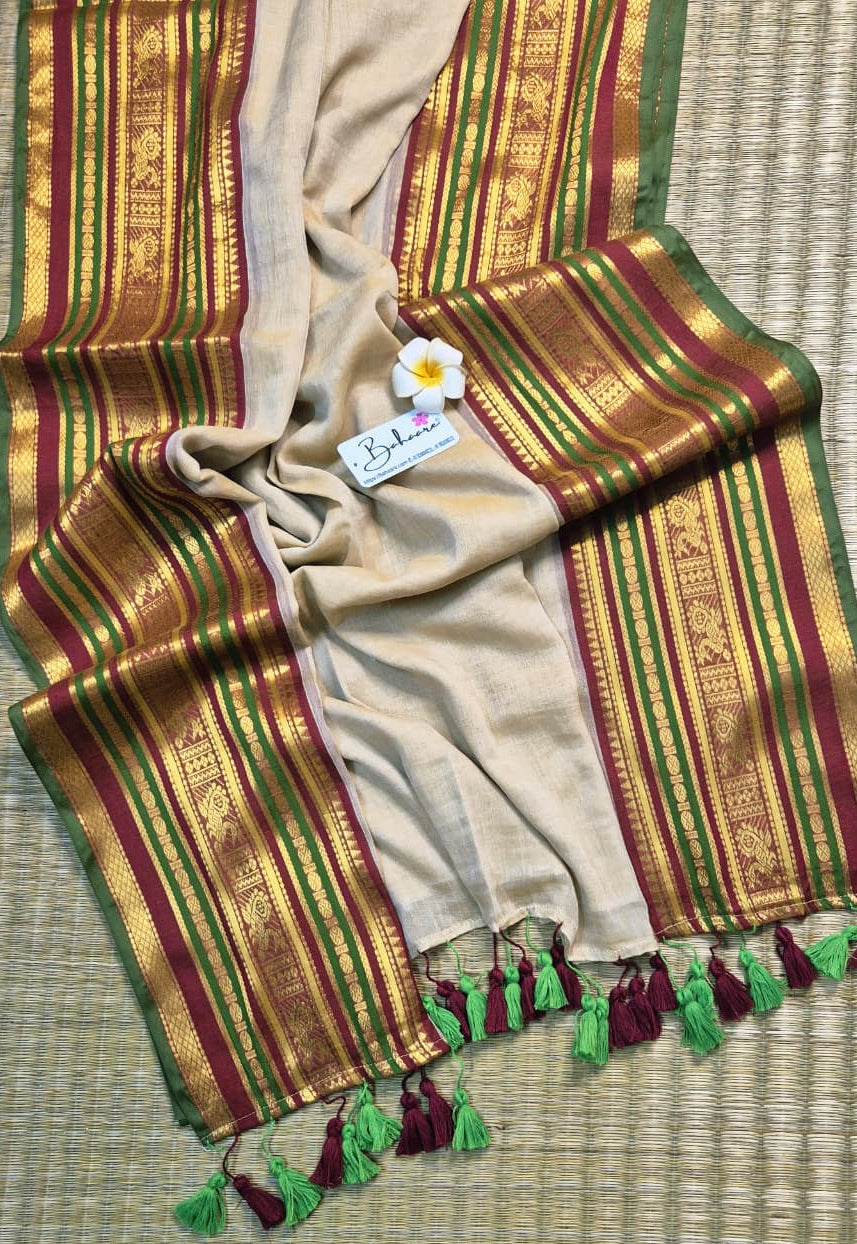 Noor | Dark Beige Mul Mul Cotton Saree with Broad Golden Zari Border