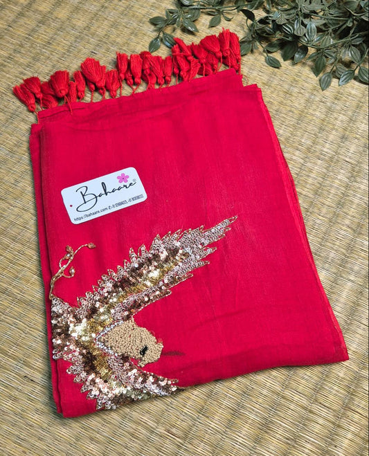 Mohini | Stylish Red Mul Mul Cotton Saree with Handcrafted Moti Work on Front Top Part