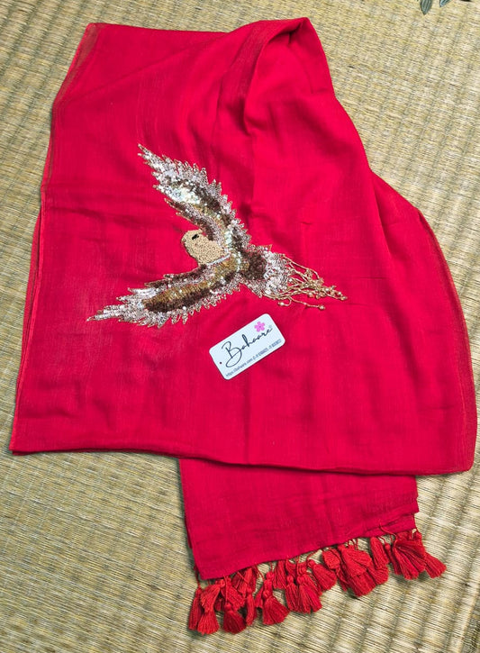 Mohini | Stylish Red Mul Mul Cotton Saree with Handcrafted Moti Work on Front Top Part