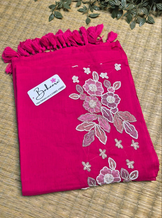 Mohini | Royal Rani Mul Mul Cotton Saree with Handcrafted Moti Work on Front Top Part