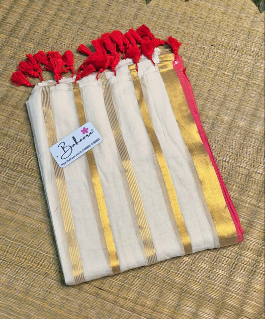 Noor | Classic Off White Mul Mul Cotton Saree with Golden Zari Stripes