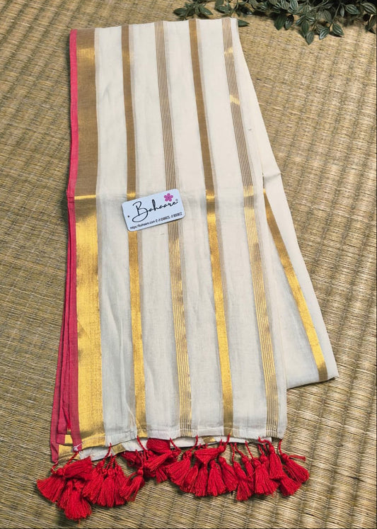 Noor | Classic Off White Mul Mul Cotton Saree with Golden Zari Stripes