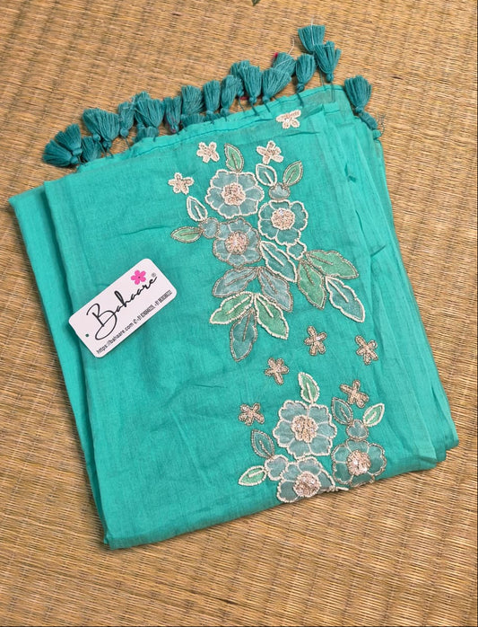 Mohini | Aqua Blue Mul Mul Cotton Saree with Handcrafted Moti Work on Front Top Part